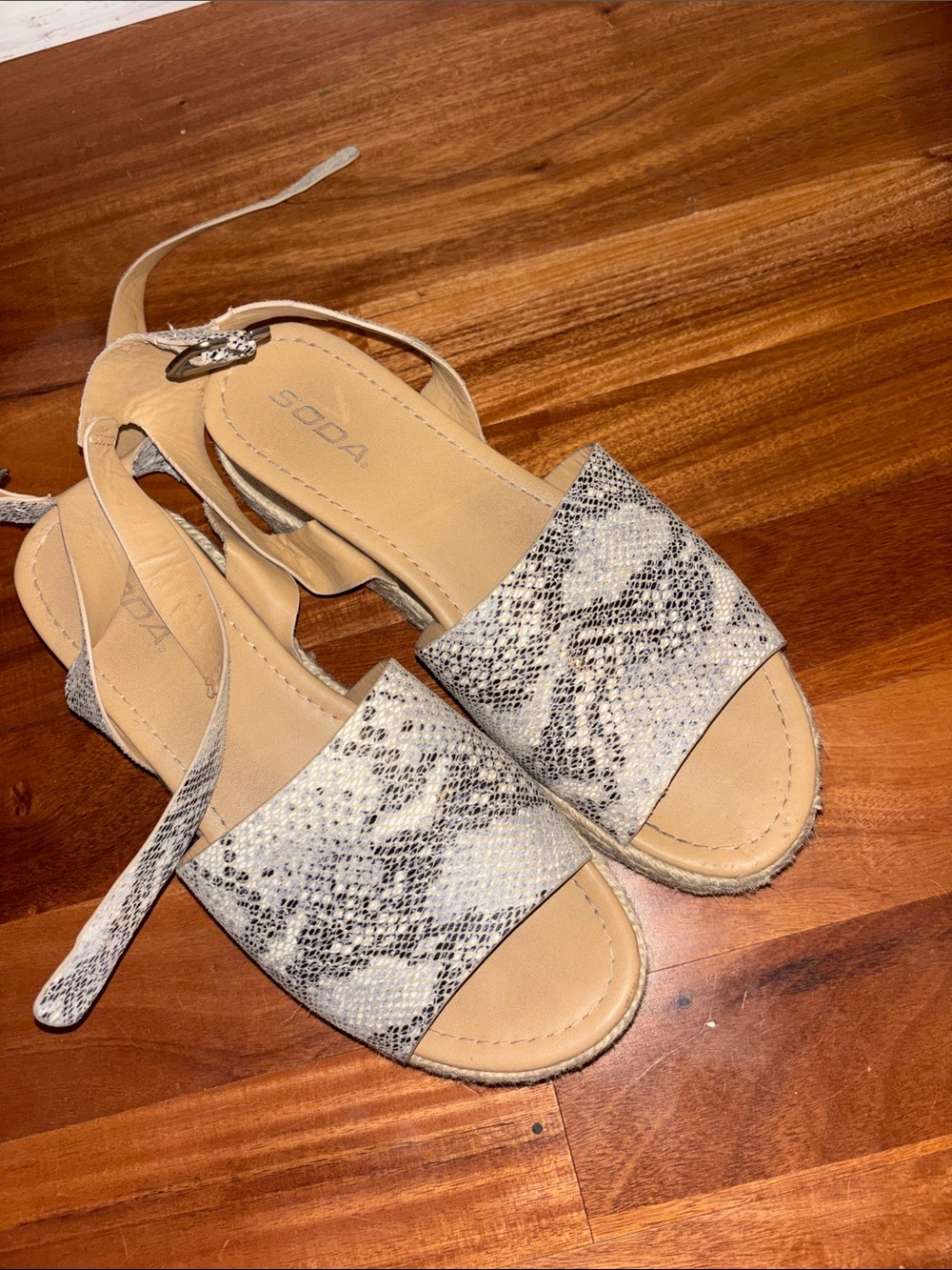 Soda Snake-Print Ankle Strap Slide Sandals in Beige and Gray